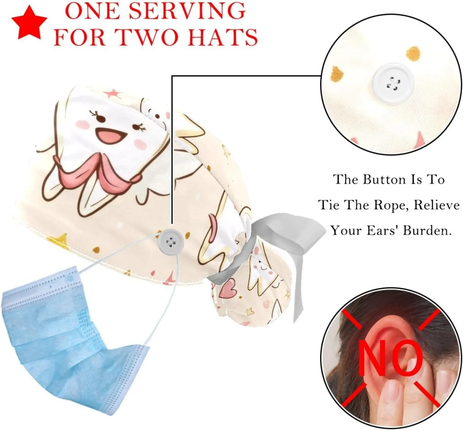 Cute Teeth Pattern Working Cap with Button Long Hair Adjustable Working Hat Ponytail Holder 2 Pcs Tie Back Hats
