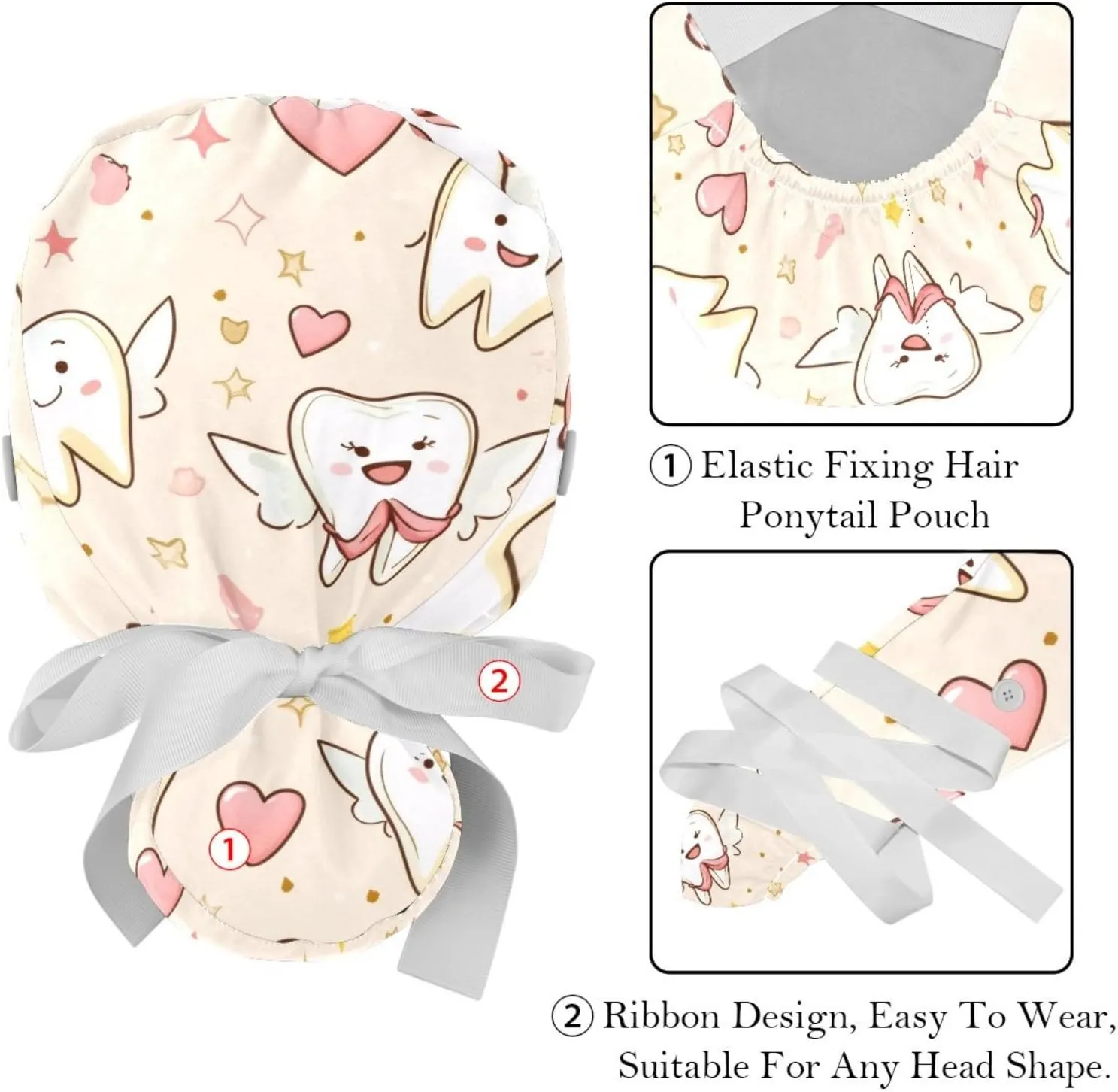 Cute Teeth Pattern Working Cap with Button Long Hair Adjustable Working Hat Ponytail Holder 2 Pcs Tie Back Hats