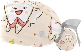 Cute Teeth Pattern Working Cap with Button Long Hair Adjustable Working Hat Ponytail Holder 2 Pcs Tie Back Hats