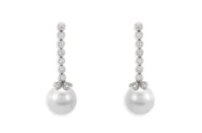 Earrings 18kt Gold Dangle Pearls & Bezel Setting Diamonds