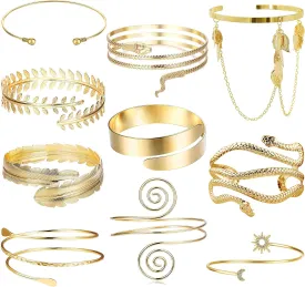 EIELO 10Pcs Arm Cuff Bracelets for Women Upper Arm Bands Snake Feather Armband Greek Goddess Filigree Swirl Boho Armlet Cuff Bangle Adjustable Gold/Silver Arm Bracelet Set