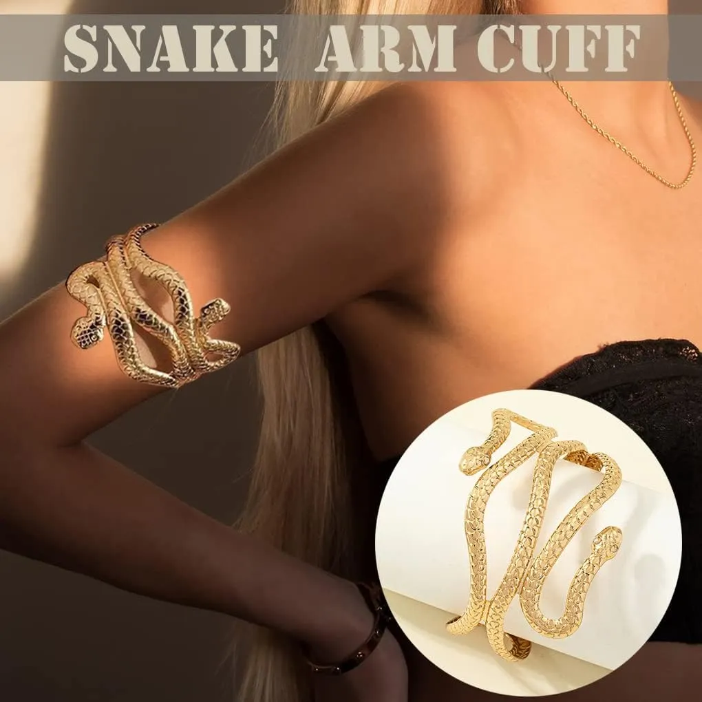 EIELO 10Pcs Arm Cuff Bracelets for Women Upper Arm Bands Snake Feather Armband Greek Goddess Filigree Swirl Boho Armlet Cuff Bangle Adjustable Gold/Silver Arm Bracelet Set