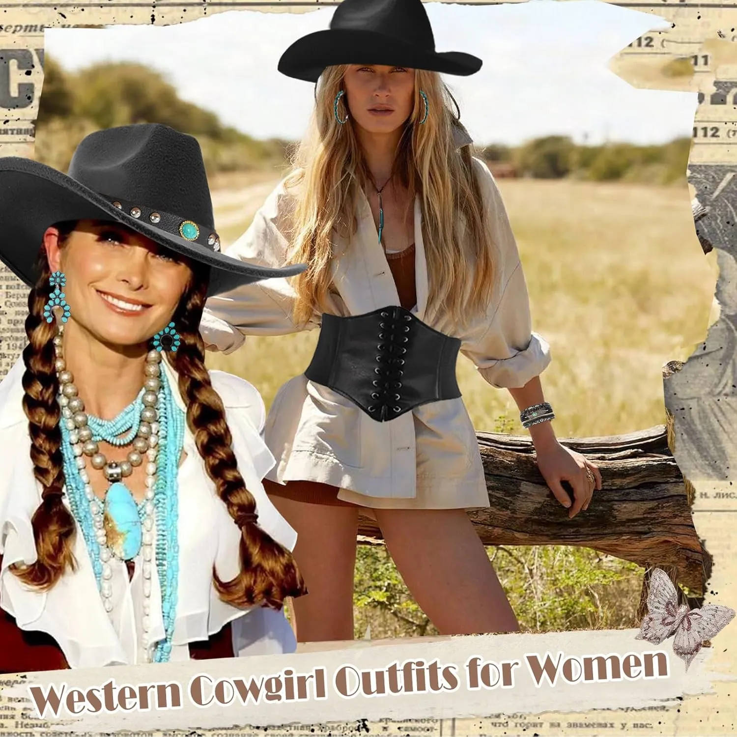 EIELO 17Pcs Western Cowgirl Costume Set Outfits for Women Cowboy Hat Corset Belt Turquoise Jewelry Kit for Halloween
