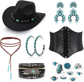 EIELO 17Pcs Western Cowgirl Costume Set Outfits for Women Cowboy Hat Corset Belt Turquoise Jewelry Kit for Halloween