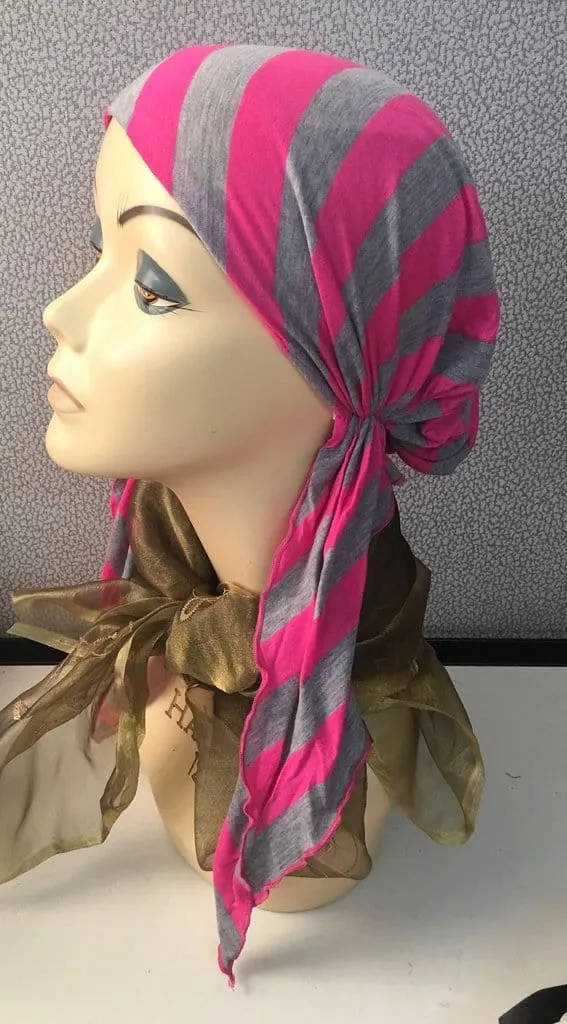 Exercise Hijab | Colorful Fun Headwear Striped Jersey Knit Pre-Tied Headscarf. Made in USA