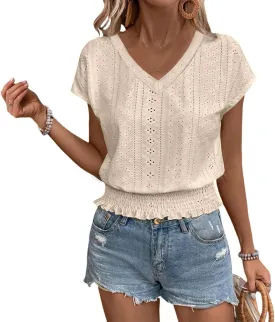 Eyelet Tops for Women Summer V Neck Short Sleeve Shirts Fashion Smocked Waist Crop Tops Casual Plain T Shirts 2025