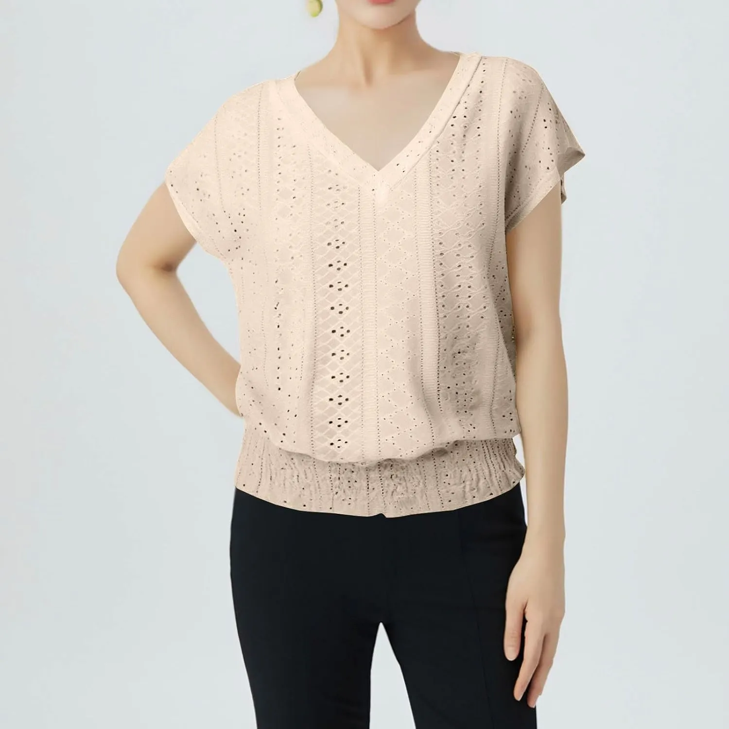 Eyelet Tops for Women Summer V Neck Short Sleeve Shirts Fashion Smocked Waist Crop Tops Casual Plain T Shirts 2025