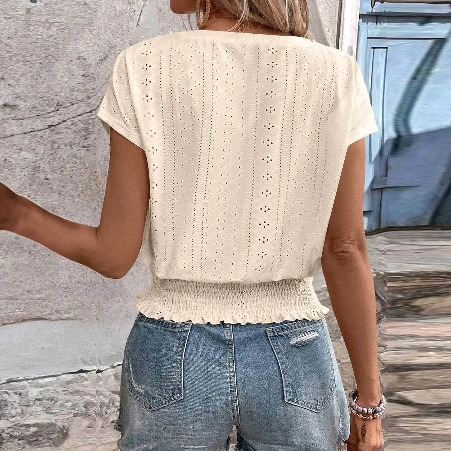 Eyelet Tops for Women Summer V Neck Short Sleeve Shirts Fashion Smocked Waist Crop Tops Casual Plain T Shirts 2025