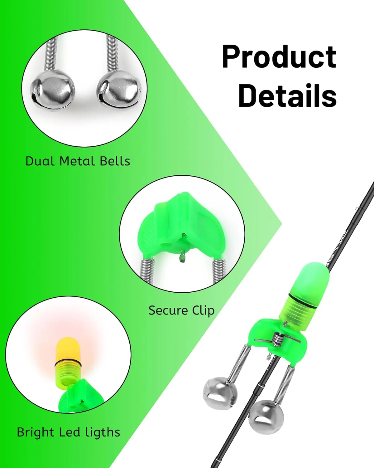 Fishing Alarm Bells, 50PCS Plastic Fishing Rod Clips with Dual Alert Bells /20PCS with Led Lights