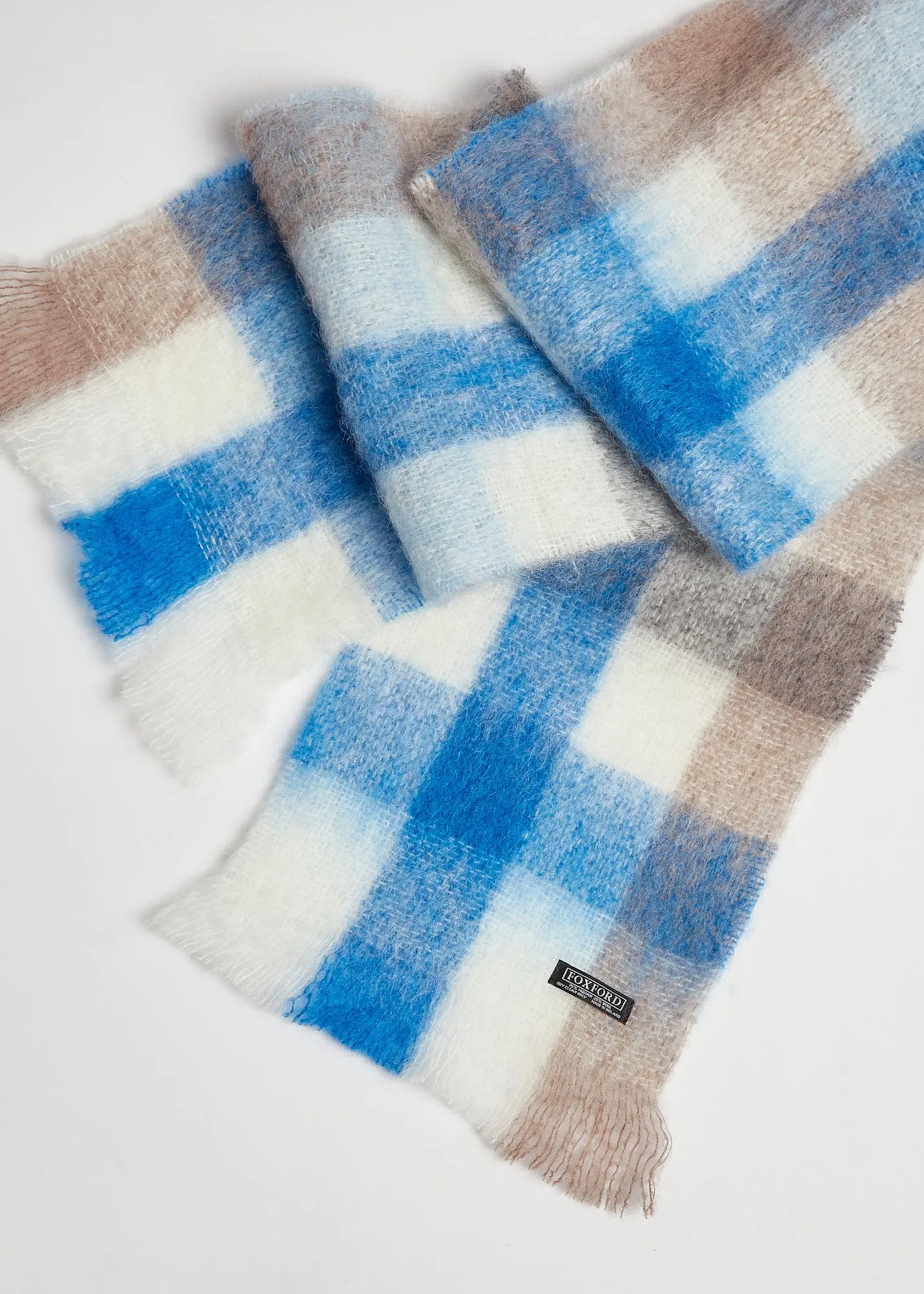 Foxford Mink And Blue Check Giant Mohair Scarf