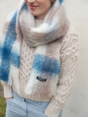 Foxford Mink And Blue Check Giant Mohair Scarf