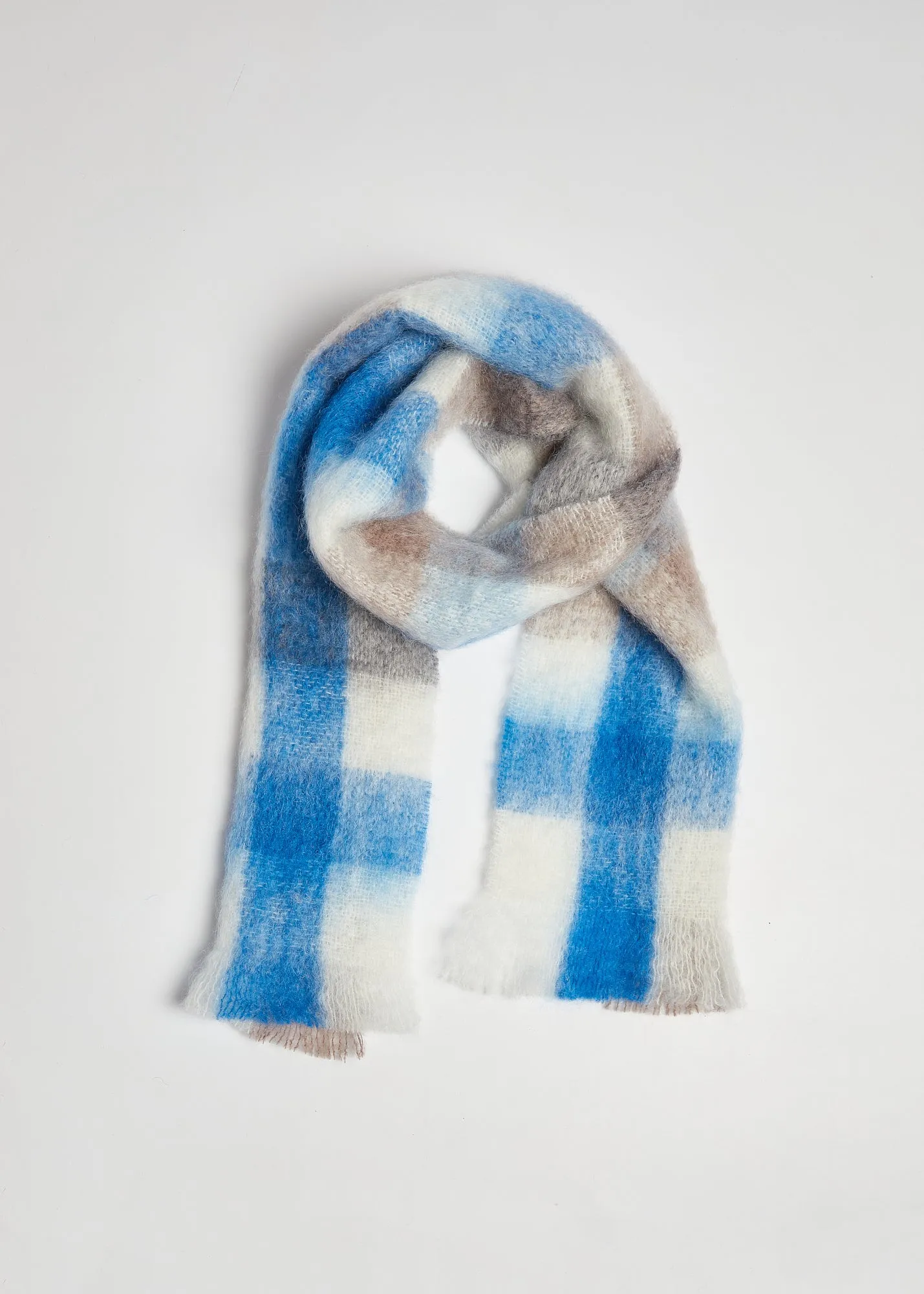 Foxford Mink And Blue Check Giant Mohair Scarf