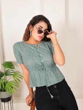 Green Cotton Printed Top