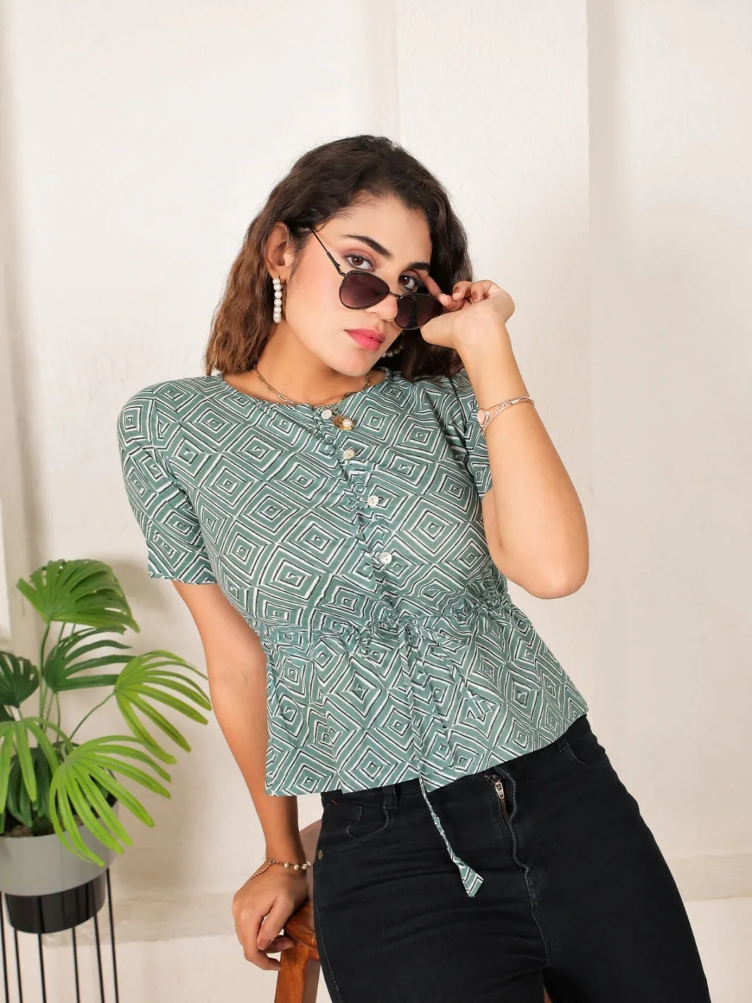 Green Cotton Printed Top
