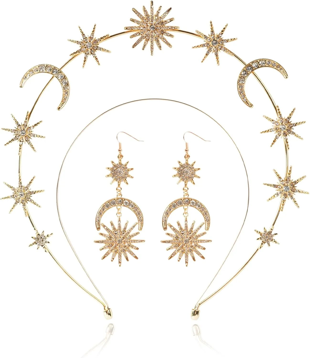 Halo Crown - Stars Crystal Goddess HeadBand with Earrings Mary Metal Halo Headpiece Celestial Crowns Tiaras for Women Bridal Wedding Costume Cosplay Party Goddess Accessories - Gold