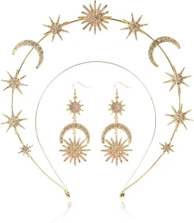 Halo Crown - Stars Crystal Goddess HeadBand with Earrings Mary Metal Halo Headpiece Celestial Crowns Tiaras for Women Bridal Wedding Costume Cosplay Party Goddess Accessories - Gold