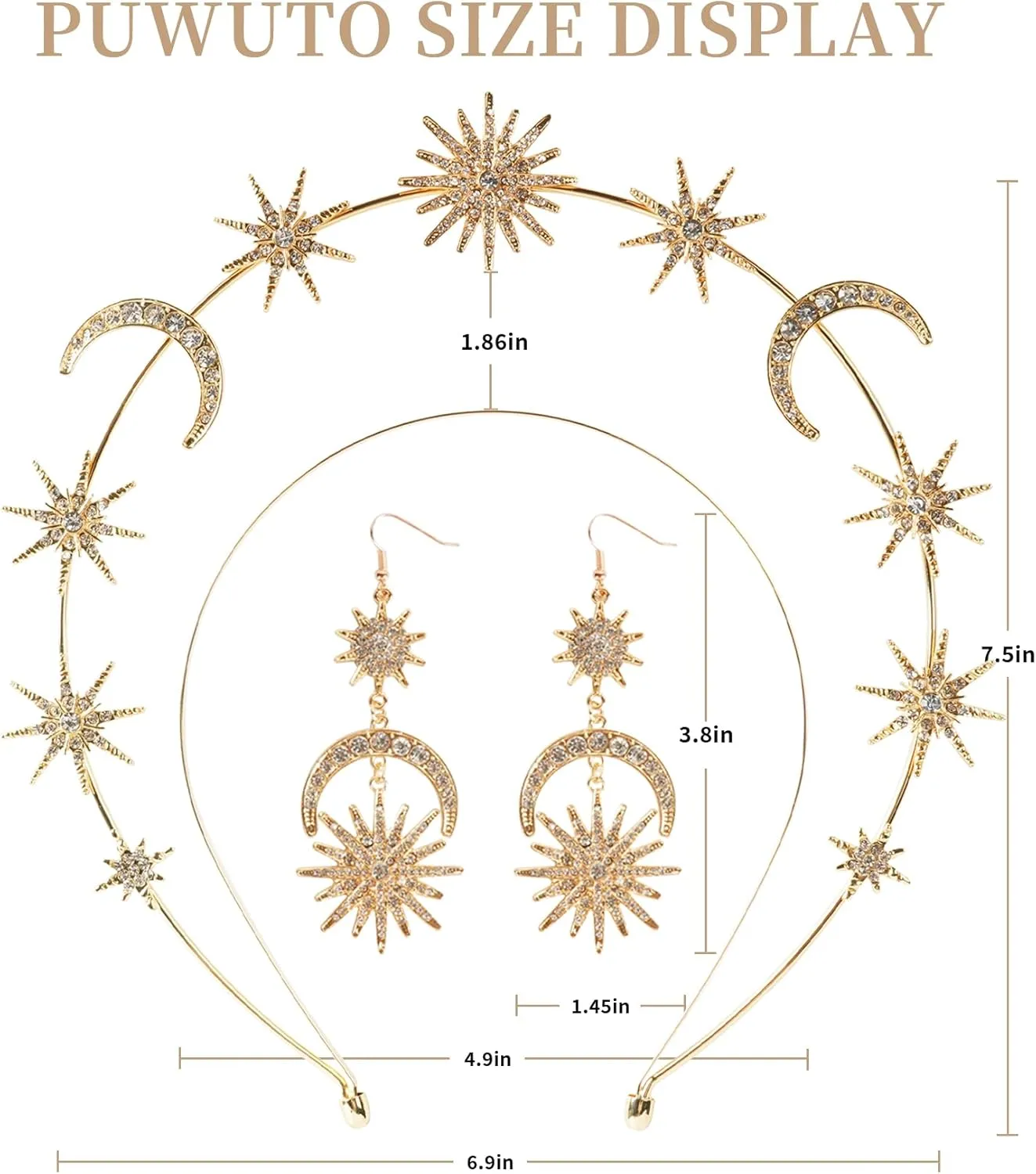 Halo Crown - Stars Crystal Goddess HeadBand with Earrings Mary Metal Halo Headpiece Celestial Crowns Tiaras for Women Bridal Wedding Costume Cosplay Party Goddess Accessories - Gold