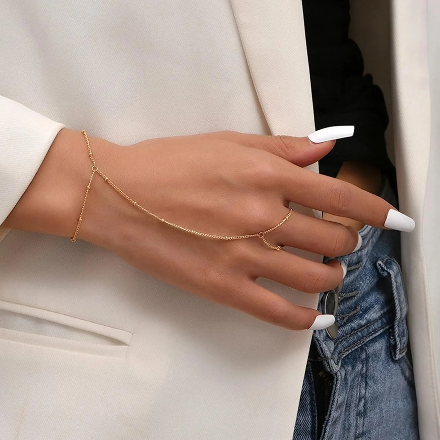 Hand Chain Dainty Gold Hand Chain Bracelet for Women Stack Ring Bracelet Hand Chain Boho Jewelry Set for Women Trendy Gifts