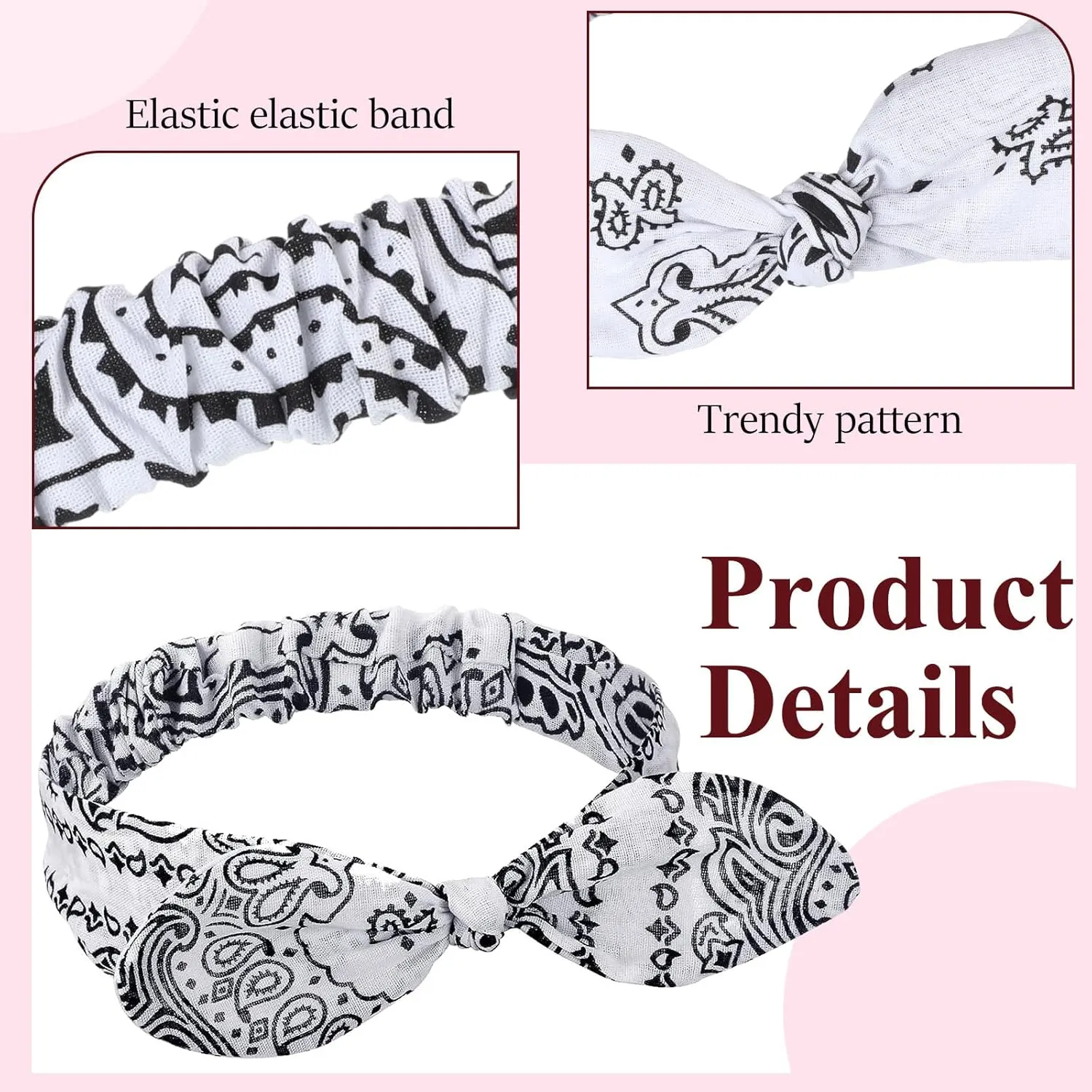 Hicarer 2 Pieces Bandana Headband for Women, Knot Retro Print Bandana Paisley Print Headband Adjustable Headwrap(Deep Red, White)