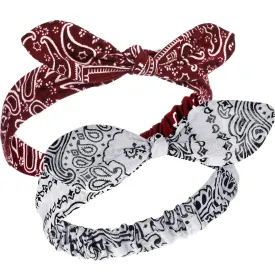 Hicarer 2 Pieces Bandana Headband for Women, Knot Retro Print Bandana Paisley Print Headband Adjustable Headwrap(Deep Red, White)