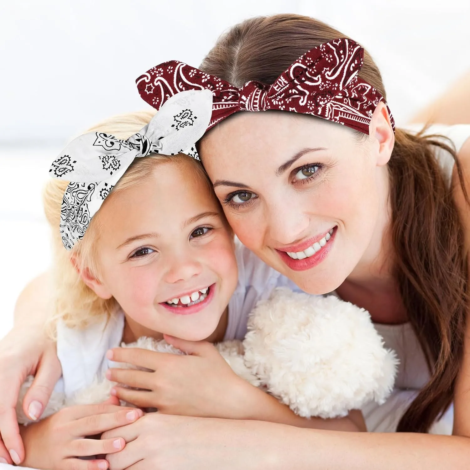 Hicarer 2 Pieces Bandana Headband for Women, Knot Retro Print Bandana Paisley Print Headband Adjustable Headwrap(Deep Red, White)