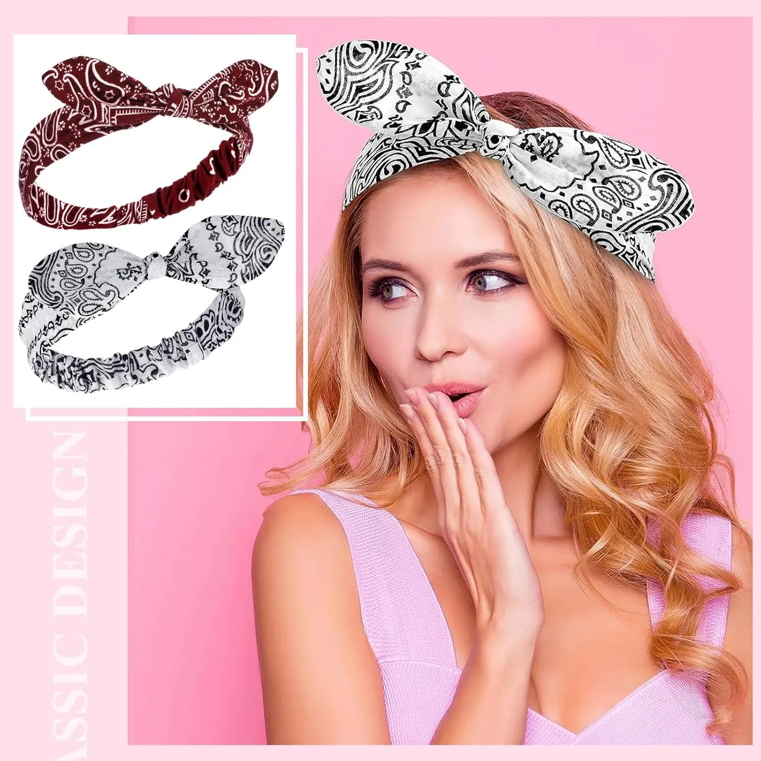 Hicarer 2 Pieces Bandana Headband for Women, Knot Retro Print Bandana Paisley Print Headband Adjustable Headwrap(Deep Red, White)