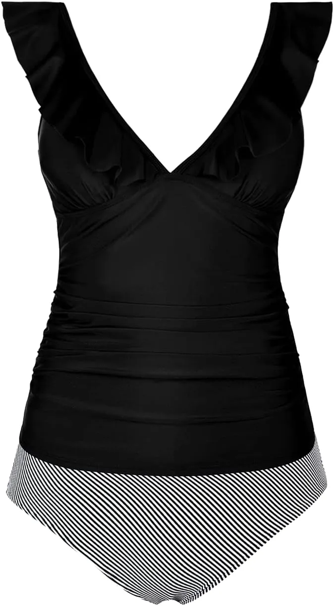 Hilor Women's Tankini Swimsuits Shirred Tummy Control Swimwear Ruffled V Neck Two Piece Bathing Suits
