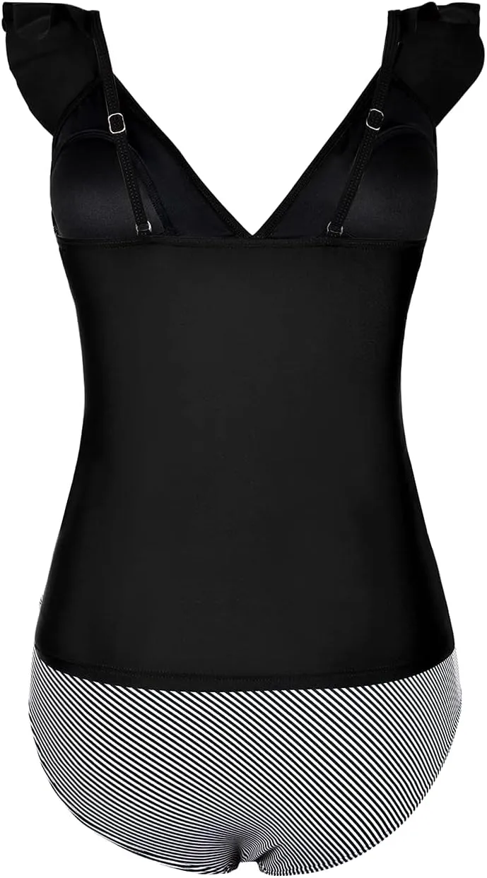 Hilor Women's Tankini Swimsuits Shirred Tummy Control Swimwear Ruffled V Neck Two Piece Bathing Suits