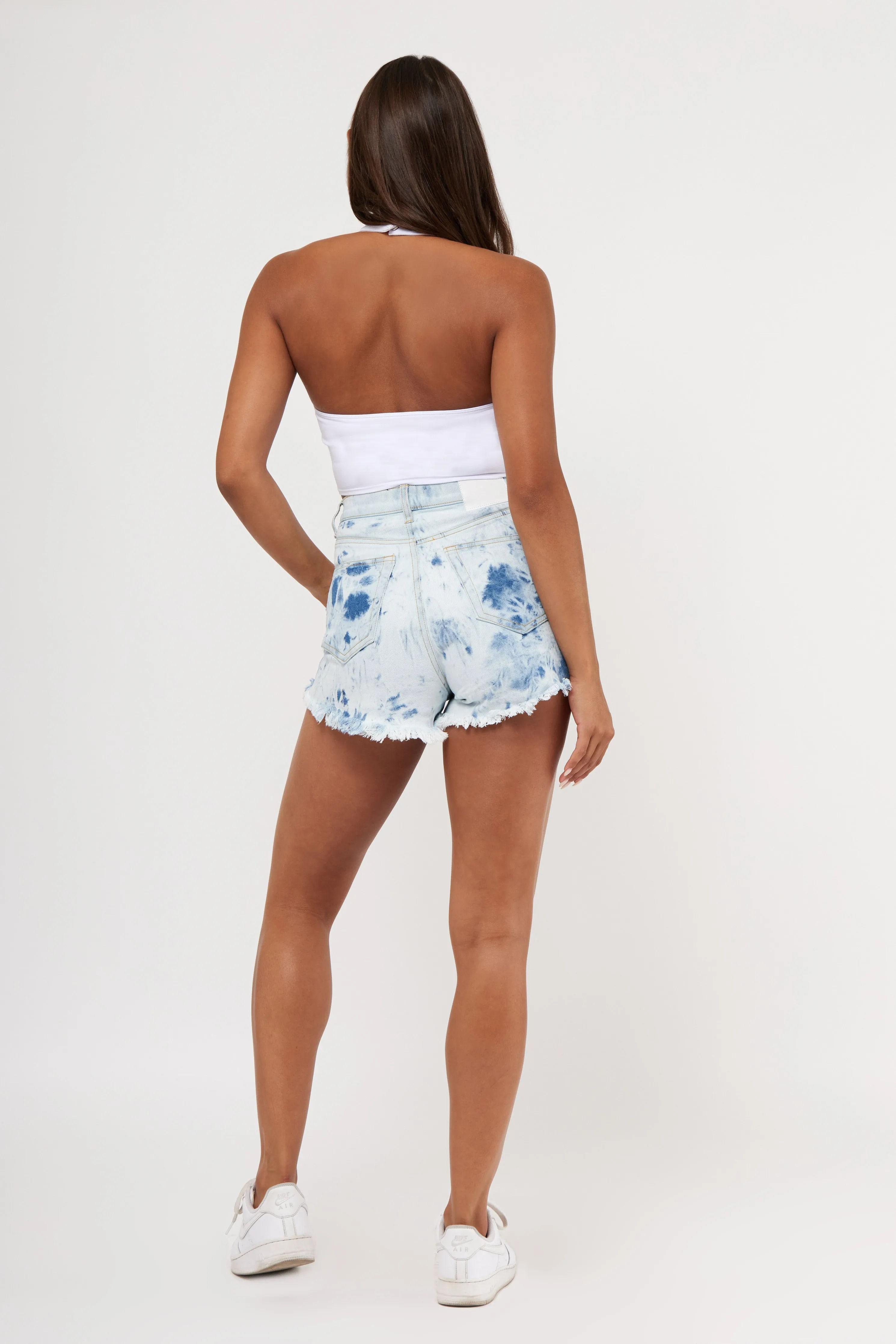 INDIGO DENIM TIE DYE PINCH HI RISE SHORTS