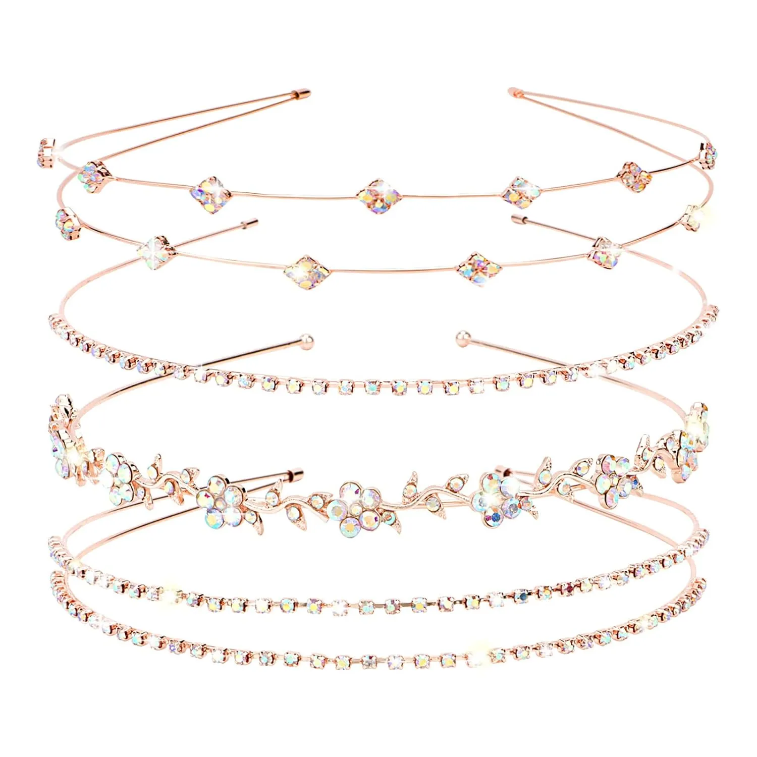 Jaciya Rose Gold Bridal Headband 4 Pieces Rhinestone Headbands AB Crystal Flower Girl Leaves Crown Head Band Tiara Wedding Hair Accessories