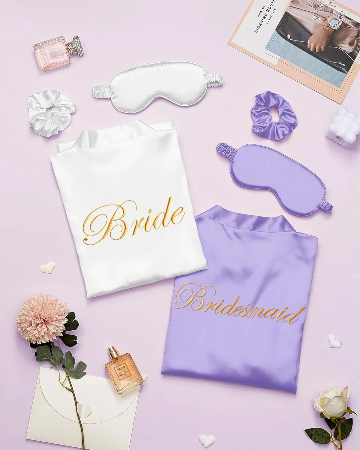 Jecery 7 Pcs Bridesmaid Robe Sets Bride Silk Satin Bridal Party with Sleeping Eye Mask and Elastic Headband