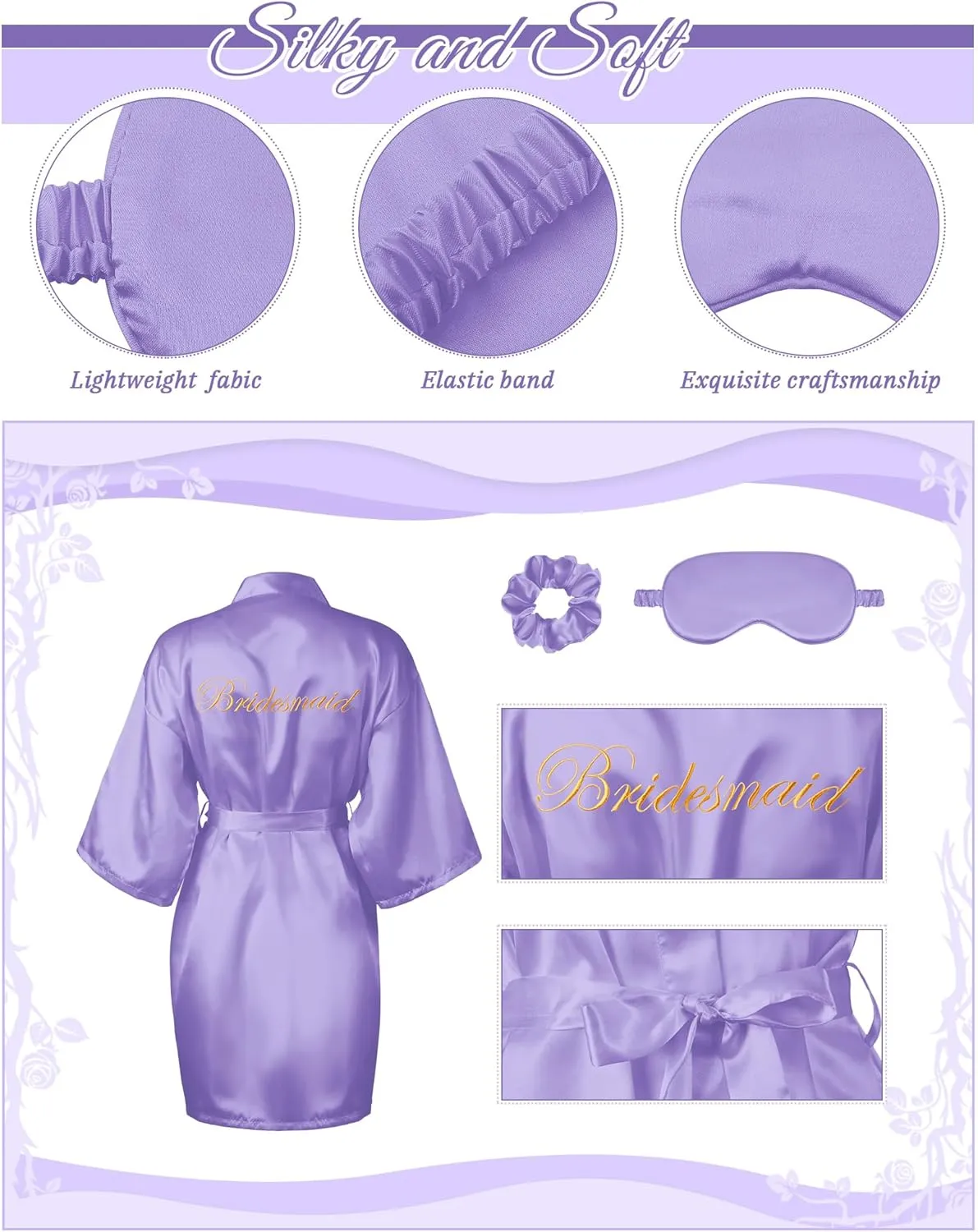 Jecery 7 Pcs Bridesmaid Robe Sets Bride Silk Satin Bridal Party with Sleeping Eye Mask and Elastic Headband