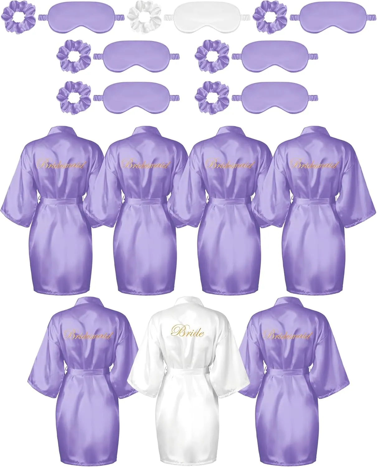 Jecery 7 Pcs Bridesmaid Robe Sets Bride Silk Satin Bridal Party with Sleeping Eye Mask and Elastic Headband