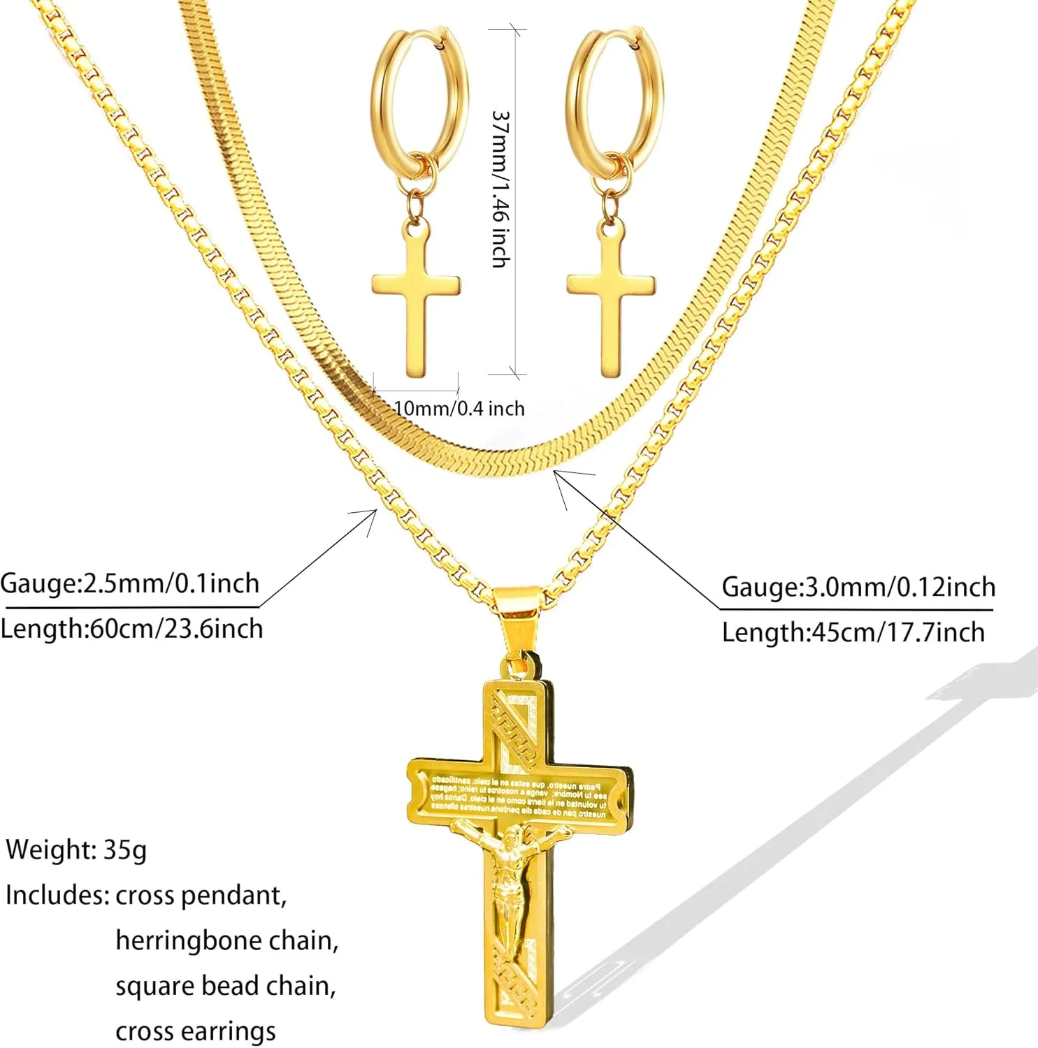 LOVOMEY Elegant Diamond Cross Necklace Set - Dainty 18K Gold Pendant With AAAA Cubic Zirconia, 2 Chains and 1 Pair of Cross Earrings