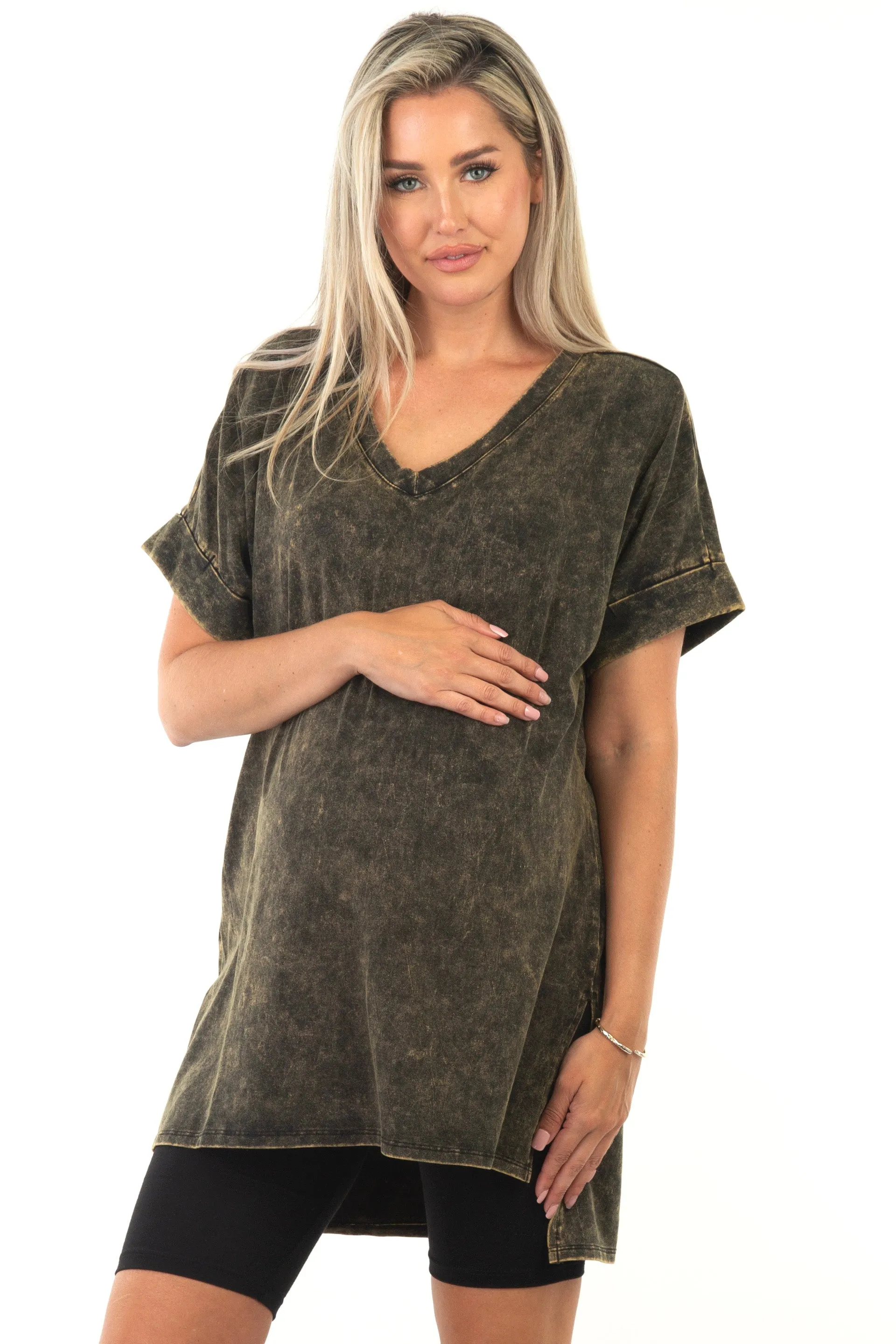 Mineral Wash Rolled Short Sleeve Maternity Top