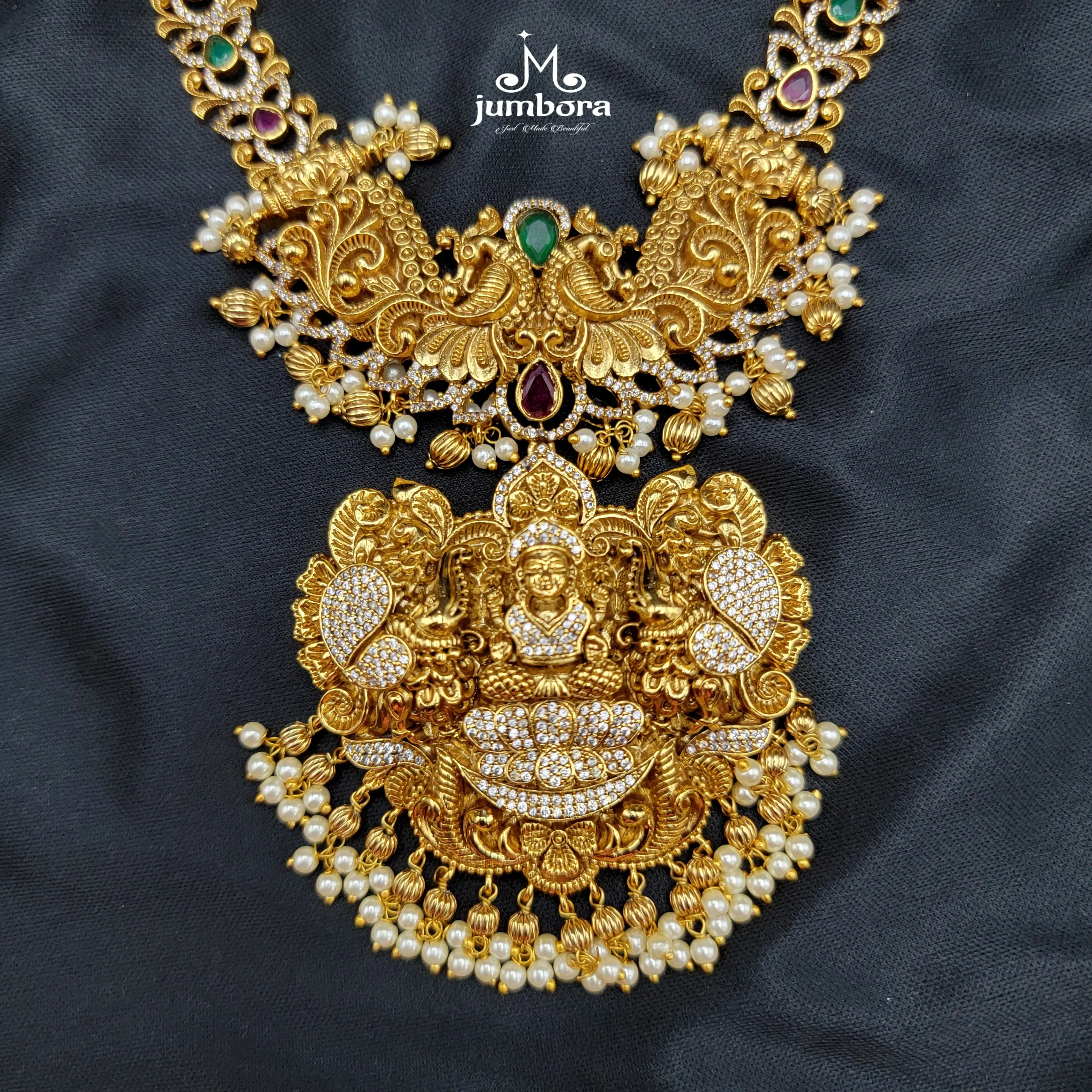 Nakshi 3D Zircon AD Peacock Lakshmi Necklace in Temple Jewelry