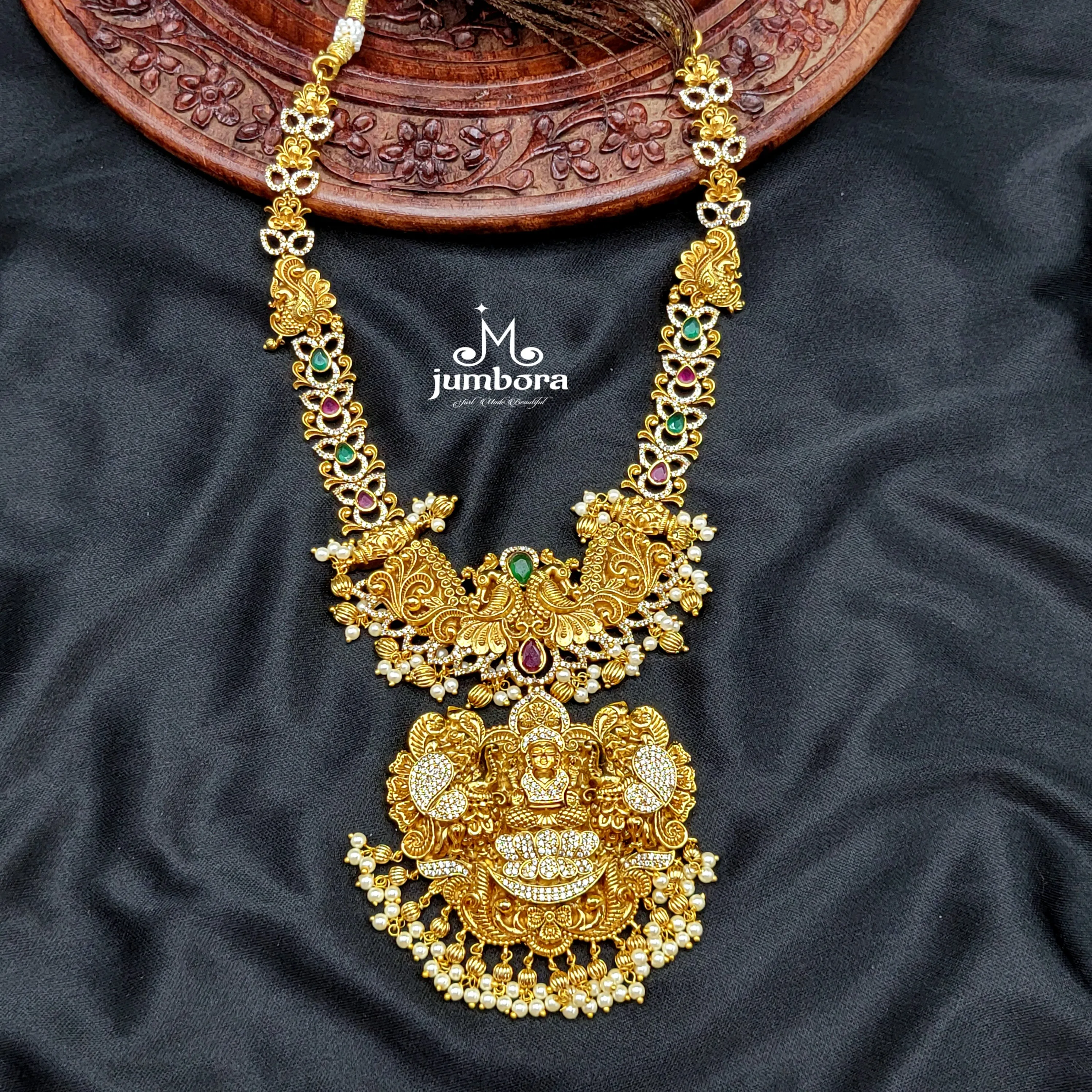 Nakshi 3D Zircon AD Peacock Lakshmi Necklace in Temple Jewelry