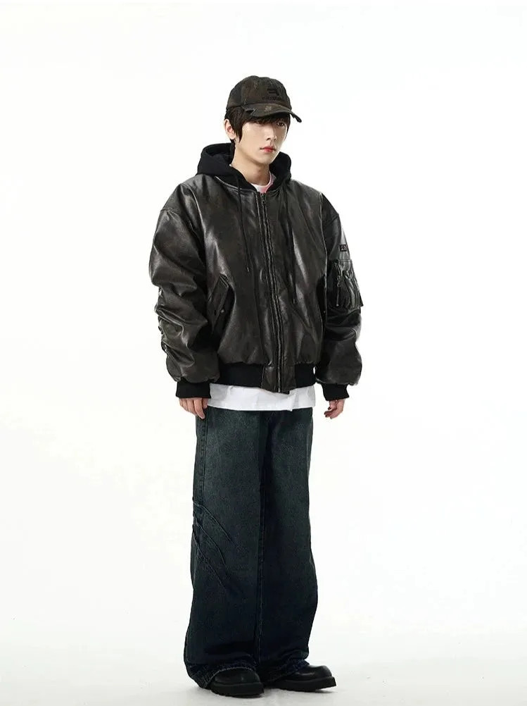 Oversized Faux Leather Bomber Jacket with Hood