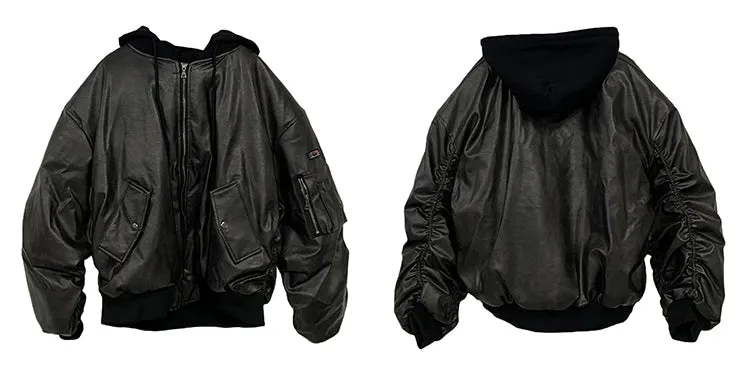 Oversized Faux Leather Bomber Jacket with Hood