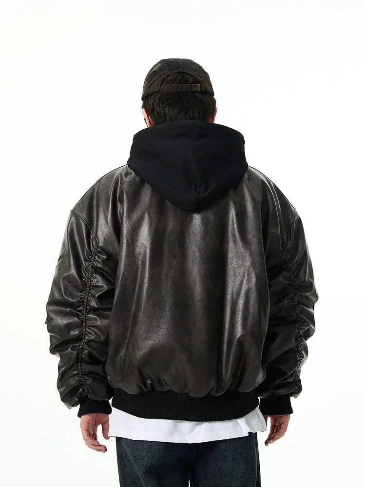 Oversized Faux Leather Bomber Jacket with Hood