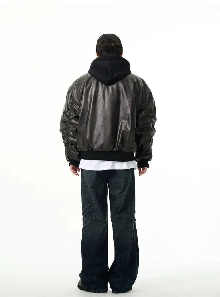 Oversized Faux Leather Bomber Jacket with Hood
