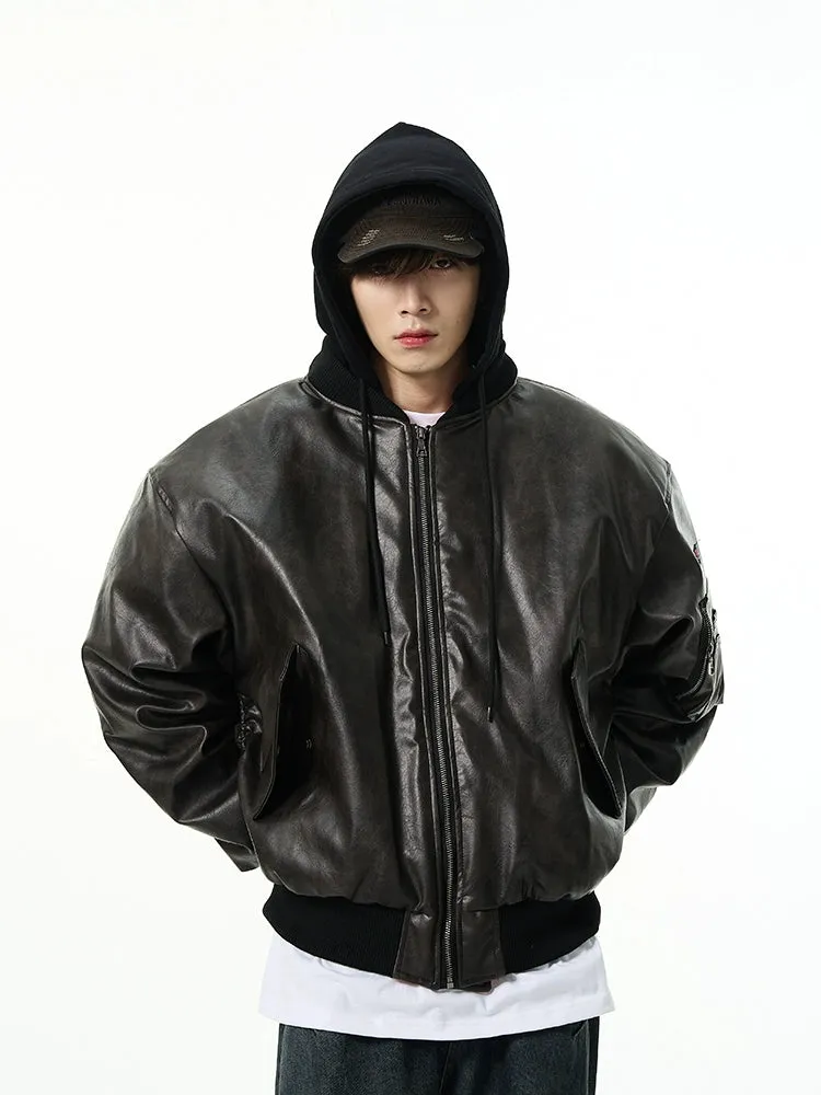 Oversized Faux Leather Bomber Jacket with Hood