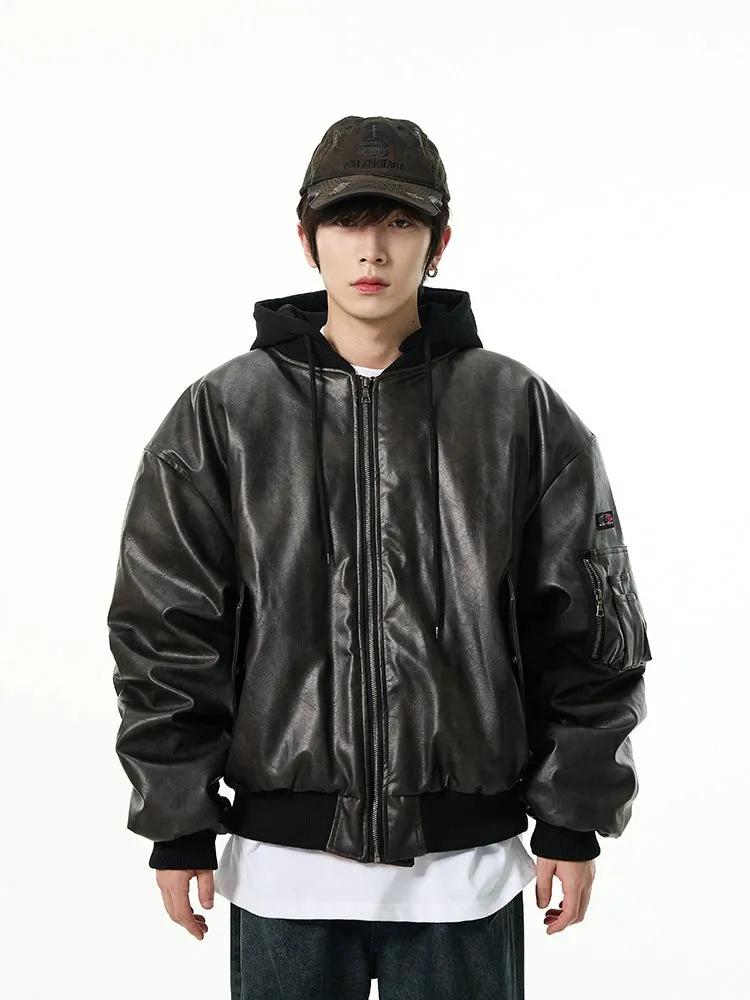 Oversized Faux Leather Bomber Jacket with Hood