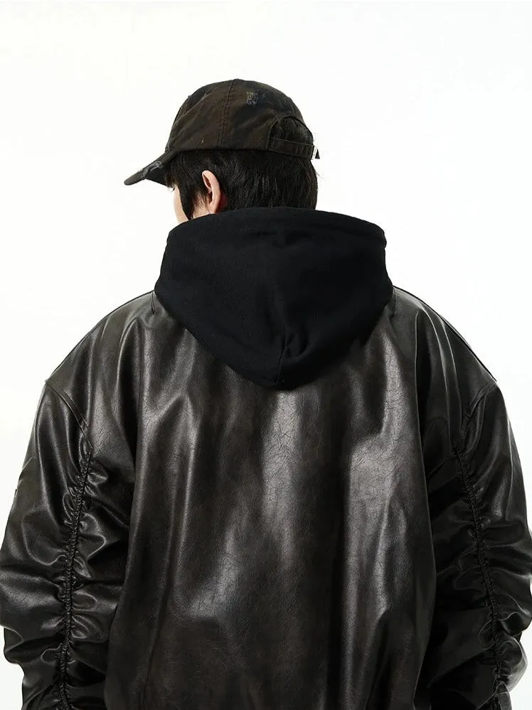 Oversized Faux Leather Bomber Jacket with Hood