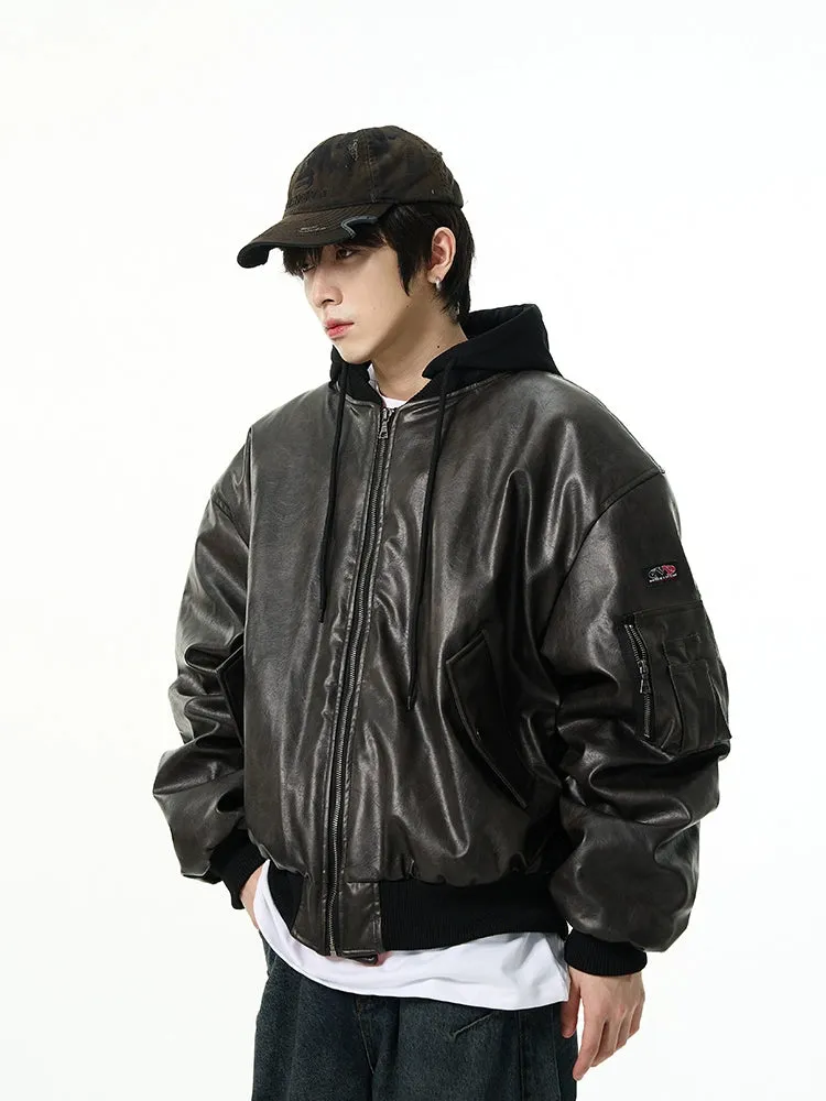 Oversized Faux Leather Bomber Jacket with Hood