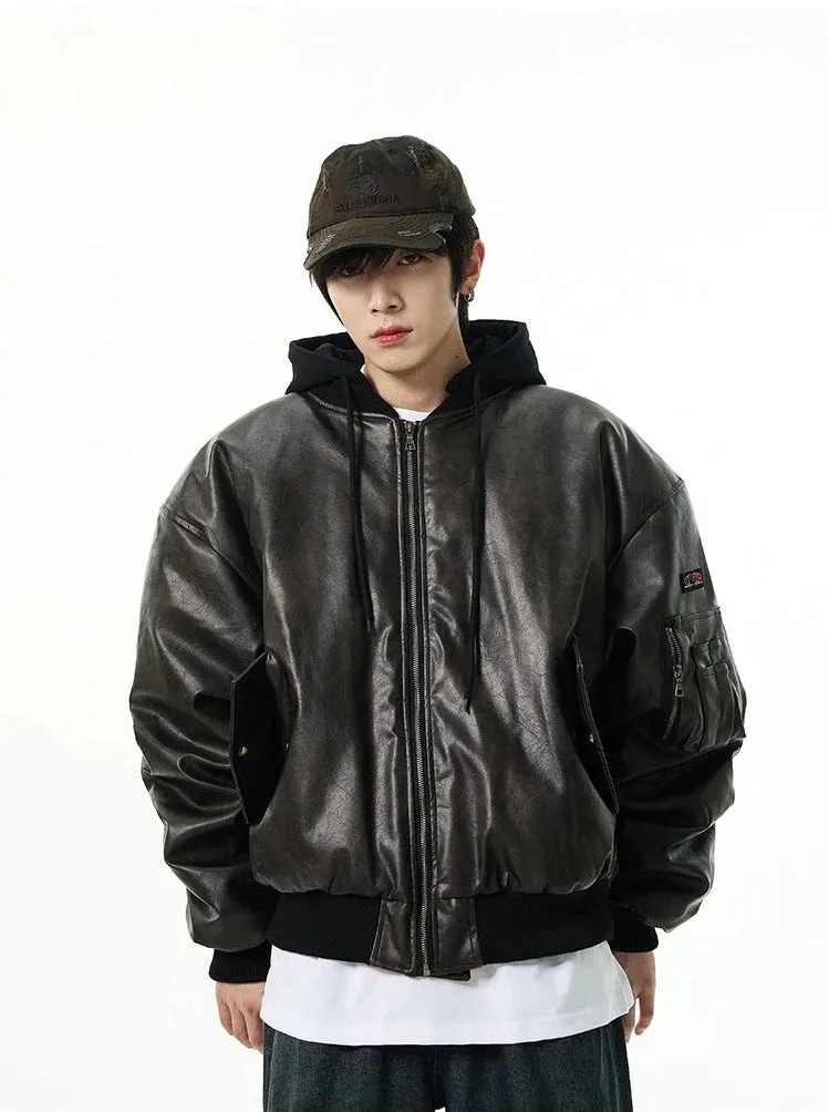 Oversized Faux Leather Bomber Jacket with Hood