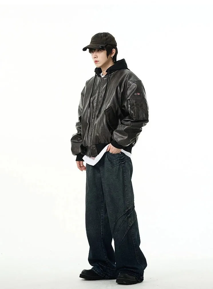 Oversized Faux Leather Bomber Jacket with Hood