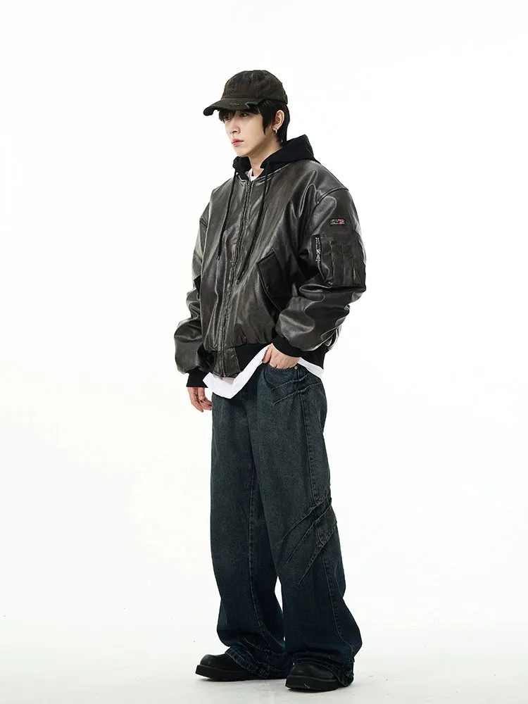 Oversized Faux Leather Bomber Jacket with Hood