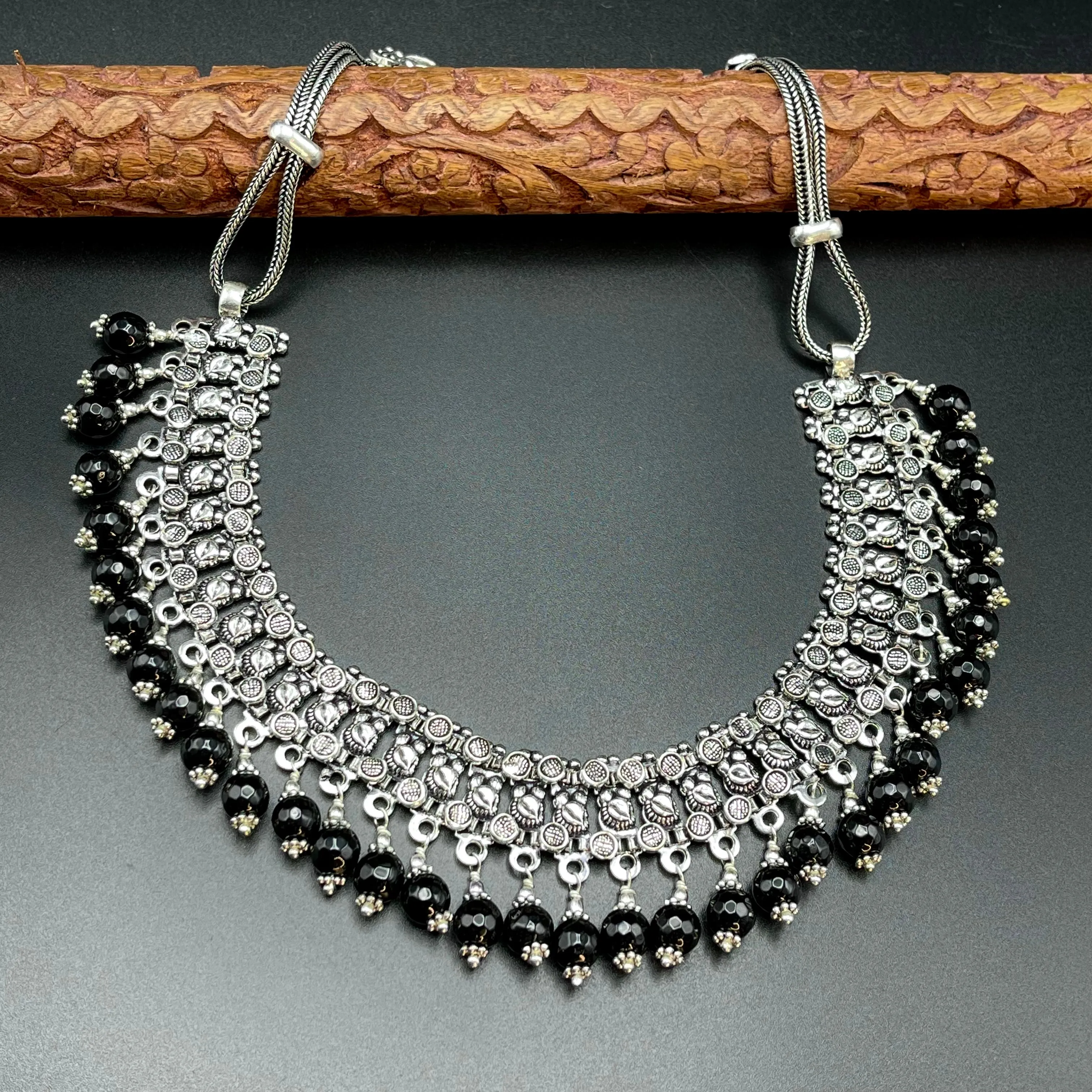 Oxidized German Silver Necklace with Black Beads