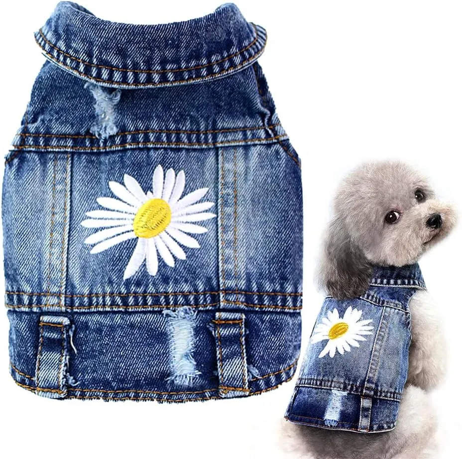 pawstrip Dog Jean Jacket Summer Cool Puppy Denim Dress Classic Daisy Kitten Doggy Cowboy Vests Cute Pet Cats Lapel Skirt Outfit Medium Small Dogs Vintage Washed Shirt Soft Comfort Pug Apparel